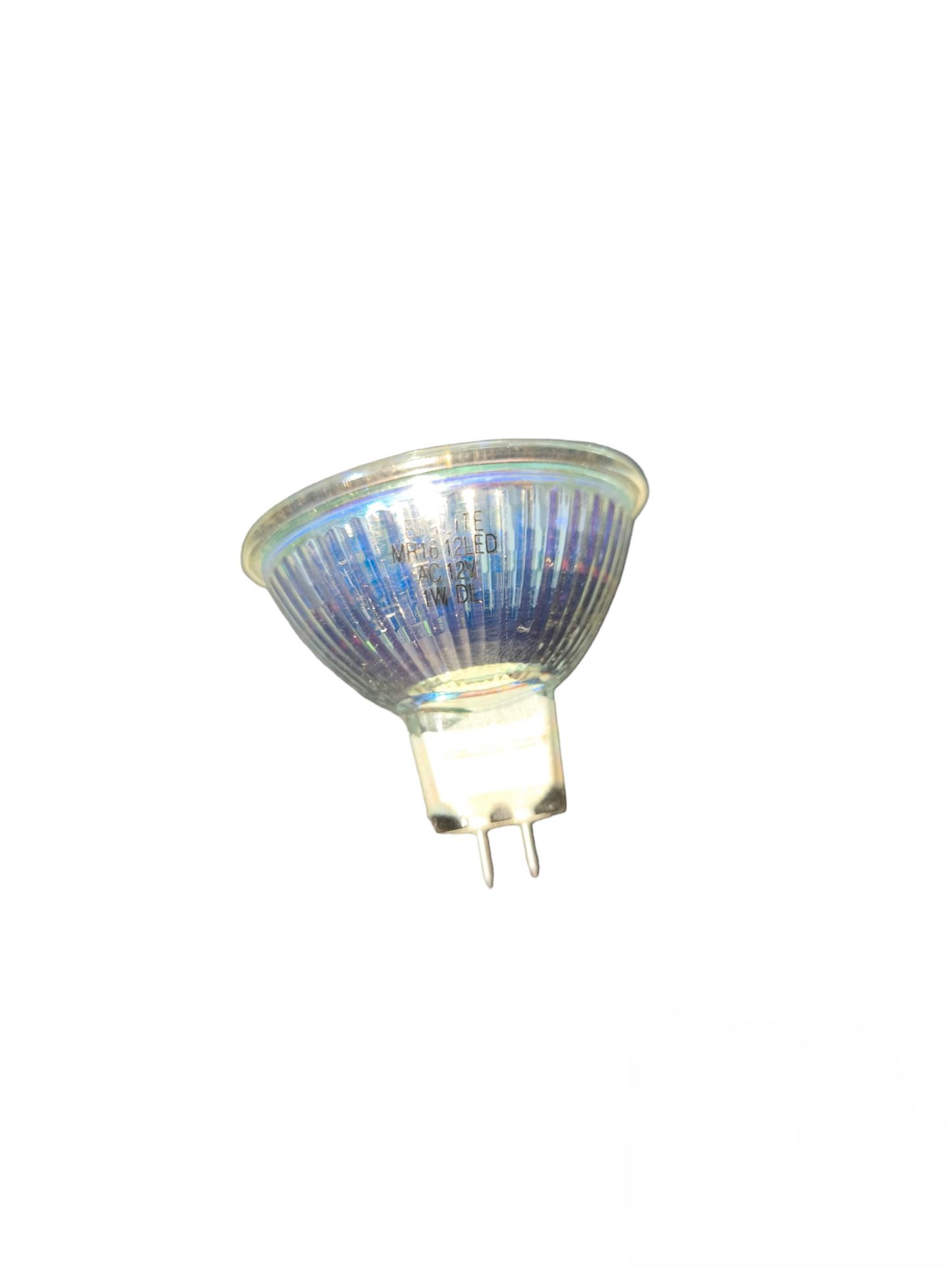 Biglite 1W LED MR16 bulb with clear ridged glass and two-pin base for efficient lighting