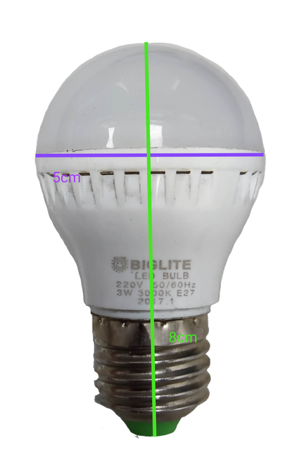 Biglite 3W LED bulb E27 warm white with 5cm diameter and 8cm height on black background