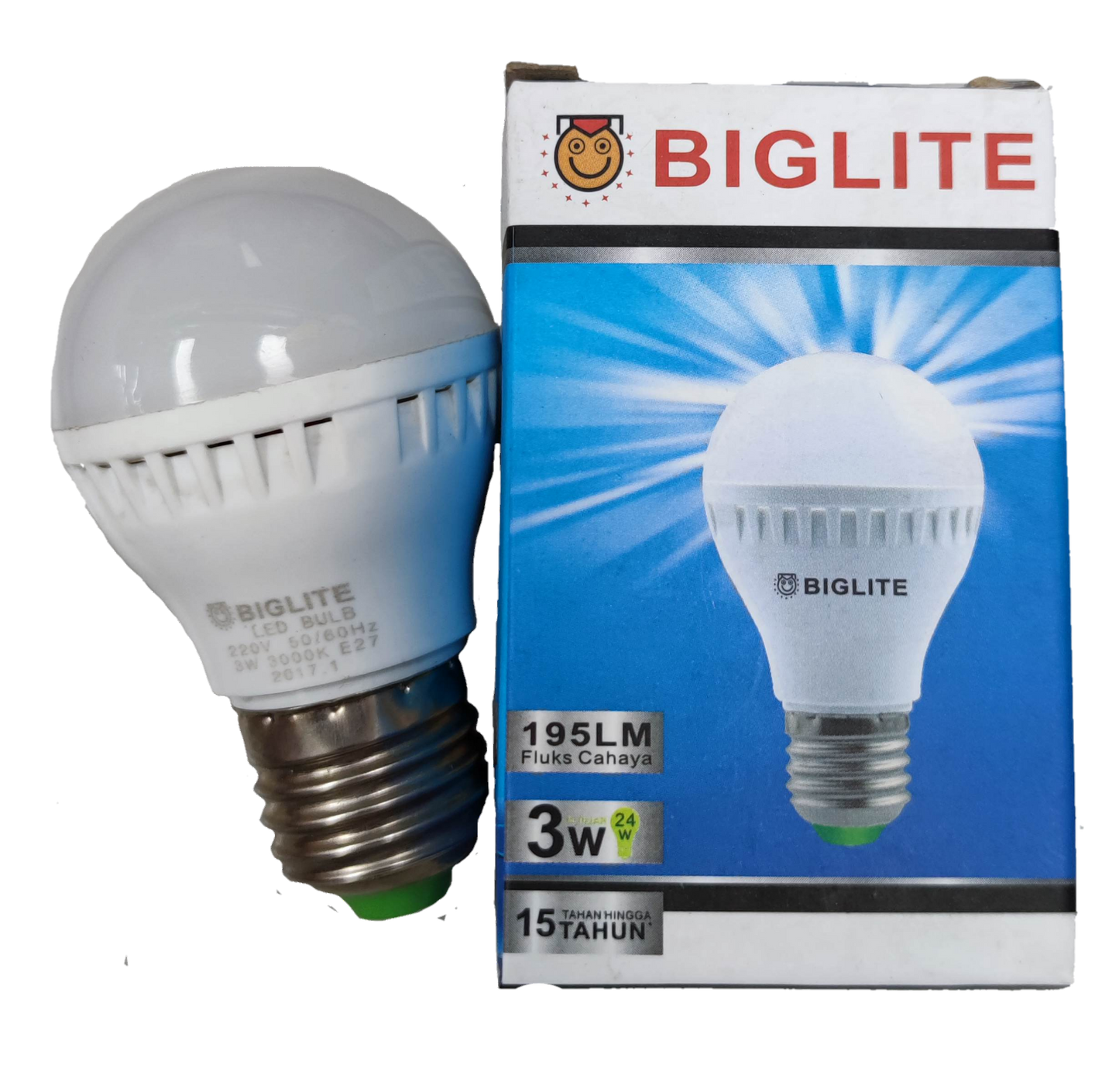 Biglite 3W LED bulb E27 warm white with 195 lumens and energy-saving design beside its box
