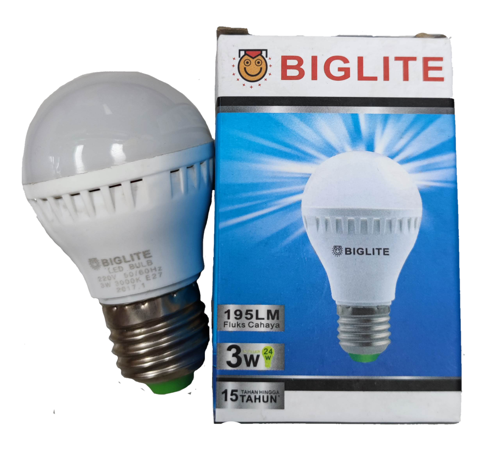 Biglite 3W LED bulb E27 warm white with 195 lumens and energy-saving design beside its box