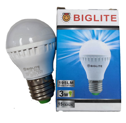 Biglite 3W LED bulb E27 warm white with 195 lumens and energy-saving design beside its box