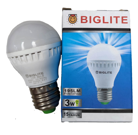 Biglite 3W LED bulb E27 warm white with 195 lumens and energy-saving design beside its box