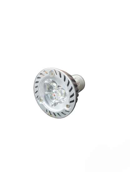 Biglite 3W LED MR16 GU10 bulb with silver heat sink and clear lens for focused lighting