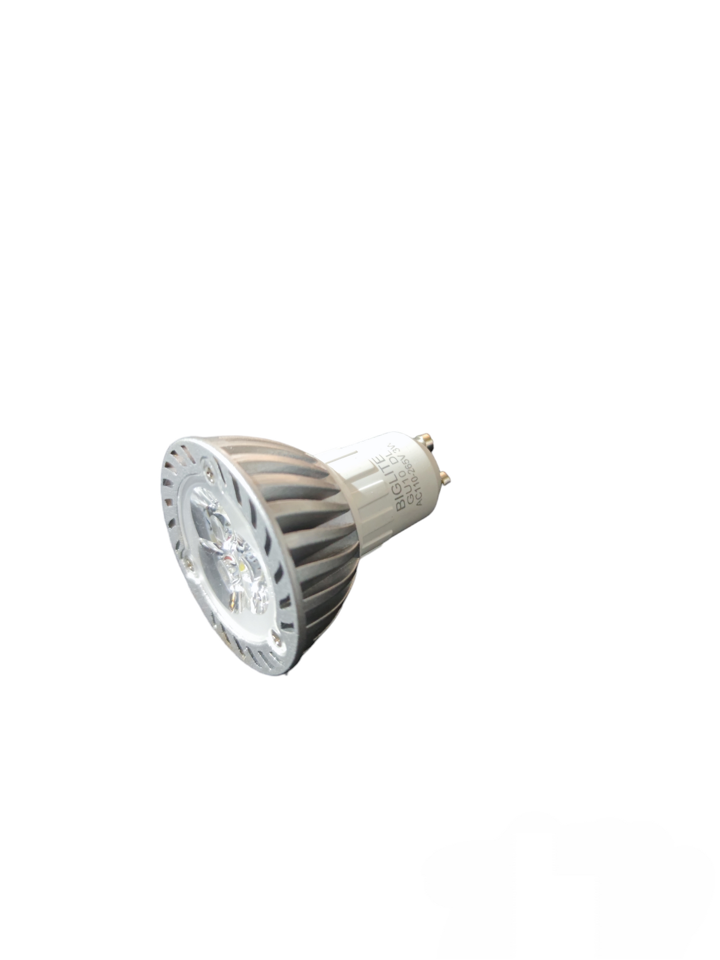 Biglite 3W LED MR16 GU10 bulb with metal heat sink and clear lens for efficient lighting