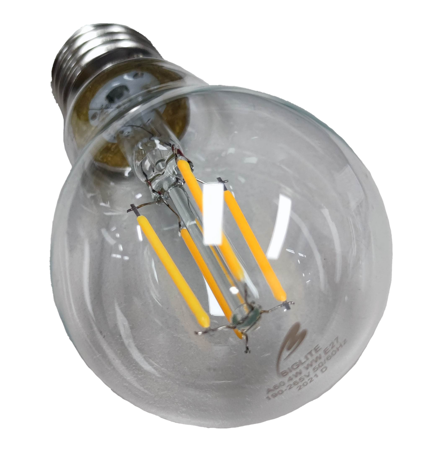 Biglite 4W LED filament bulb with clear glass and visible yellow filaments for energy-efficient lighting