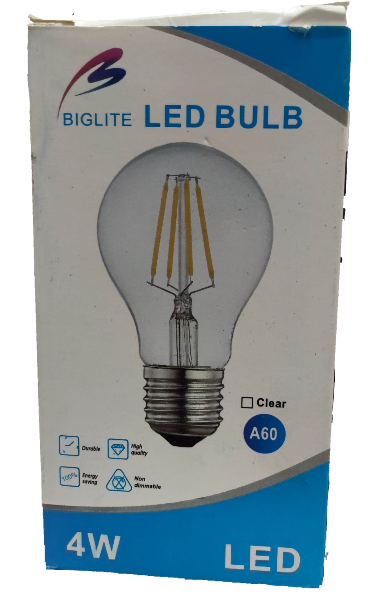 Biglite 4W LED filament bulb A60 clear glass energy-saving light bulb packaging