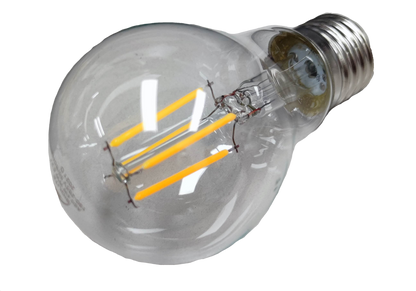 Biglite 4W LED filament bulb with clear glass and visible yellow LED filaments for energy-efficient lighting