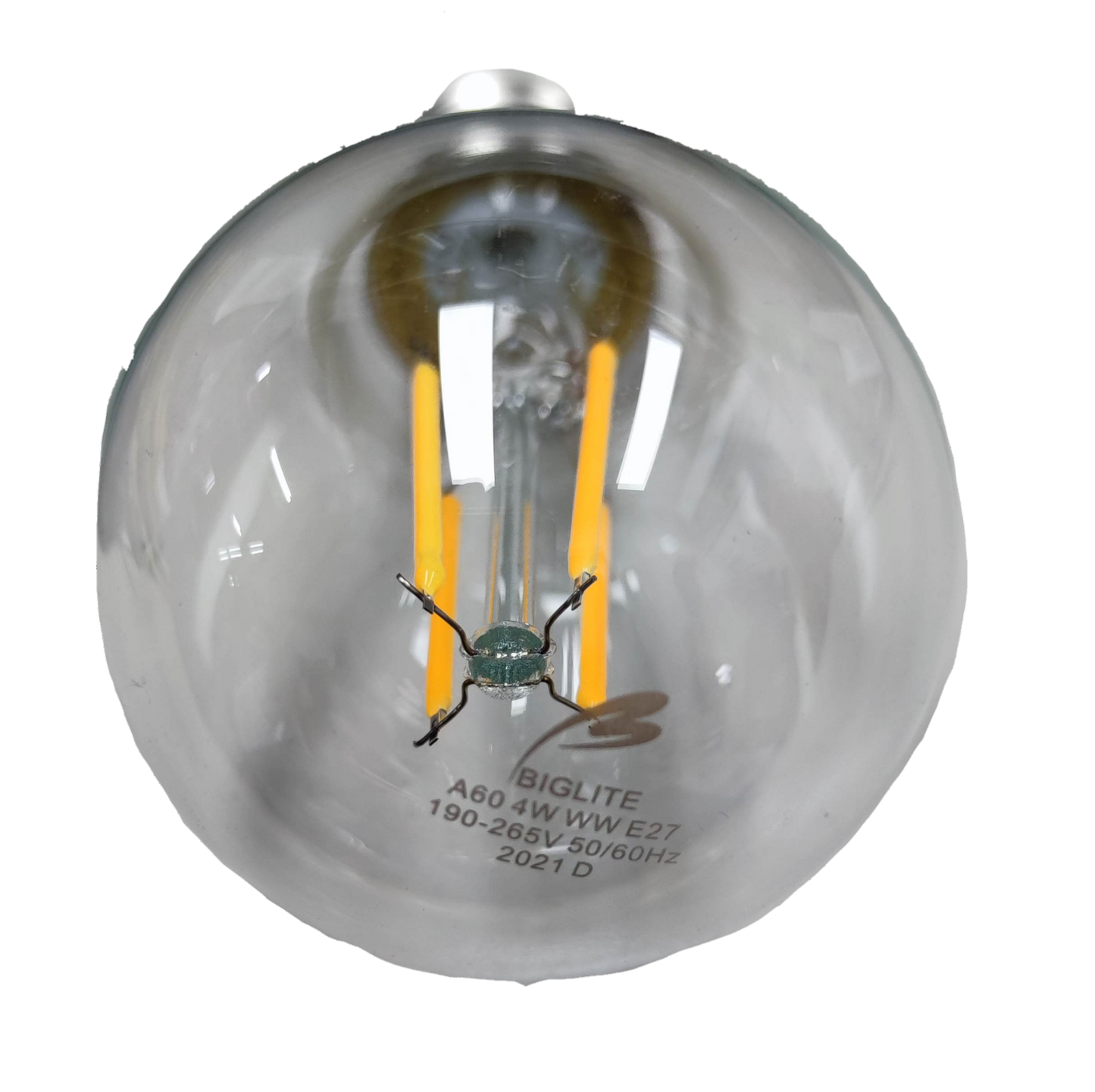 Biglite 4W LED filament bulb with clear glass and visible yellow filaments for warm white light
