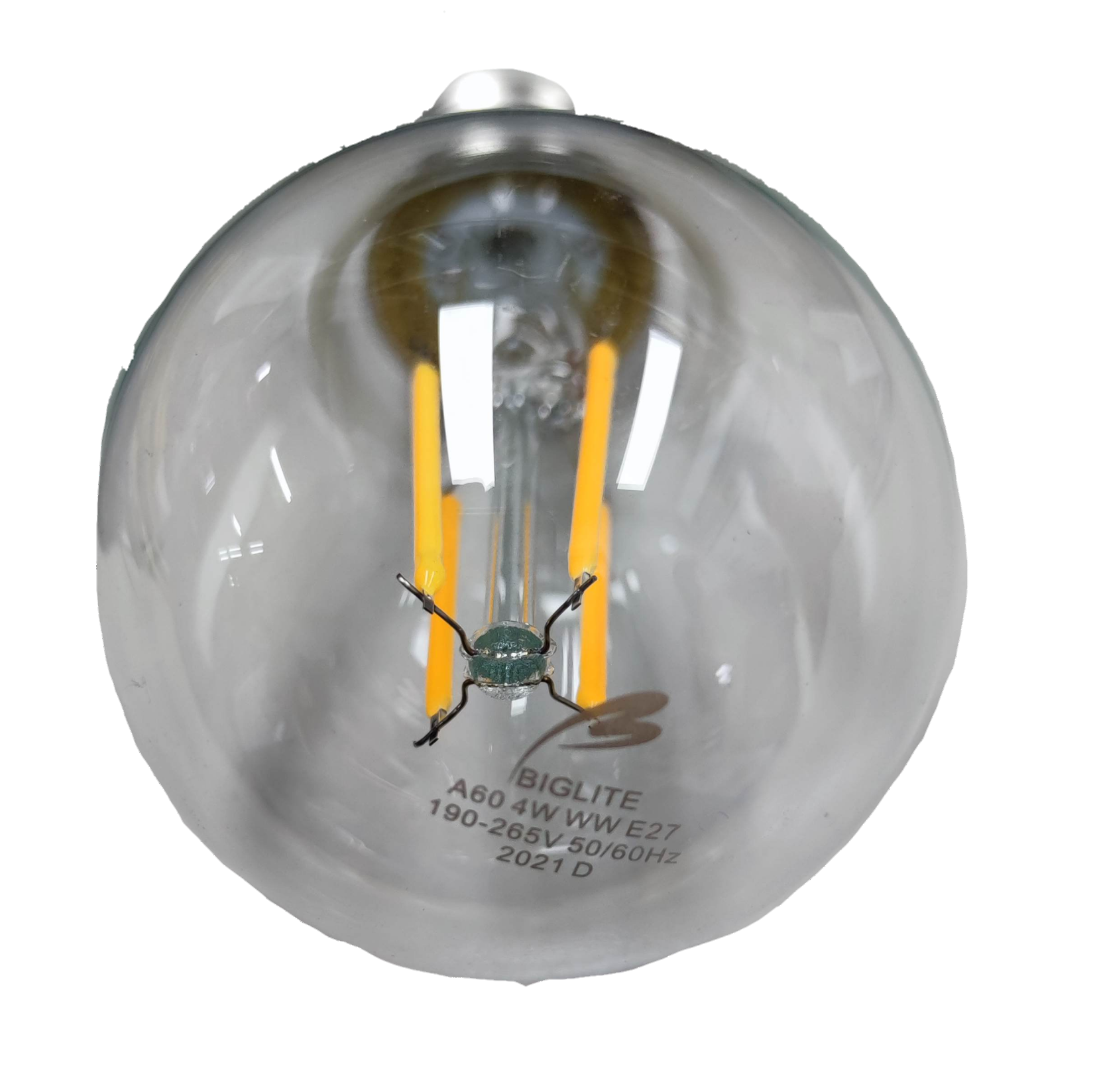 Biglite 4W LED filament bulb with clear glass and visible yellow filaments for warm white light