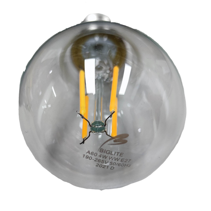 Biglite 4W LED filament bulb with clear glass and visible yellow filaments for warm white light