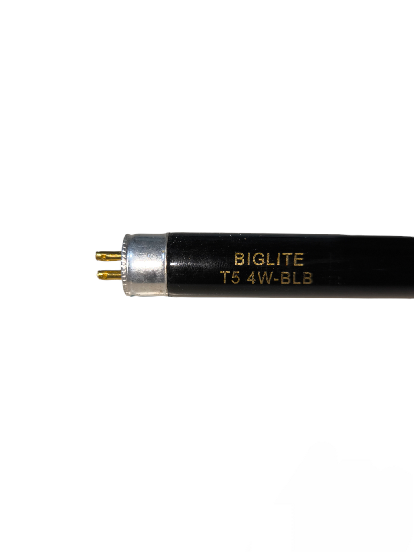 Biglite 4W T5 UV-A black light bulb fluorescent tube with two-pin connectors on white background