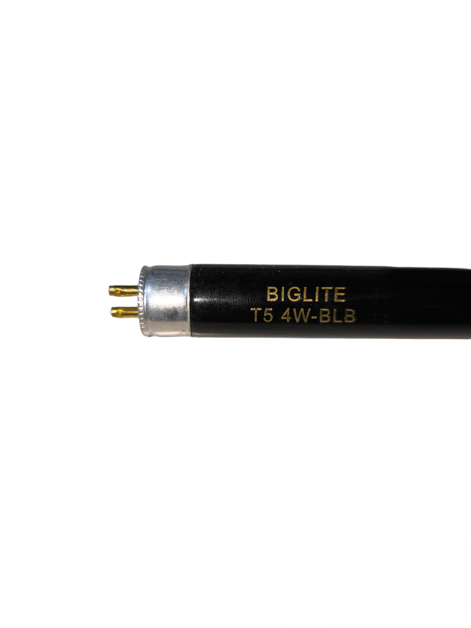 Biglite 4W T5 UV-A black light bulb fluorescent tube with two-pin connectors on white background