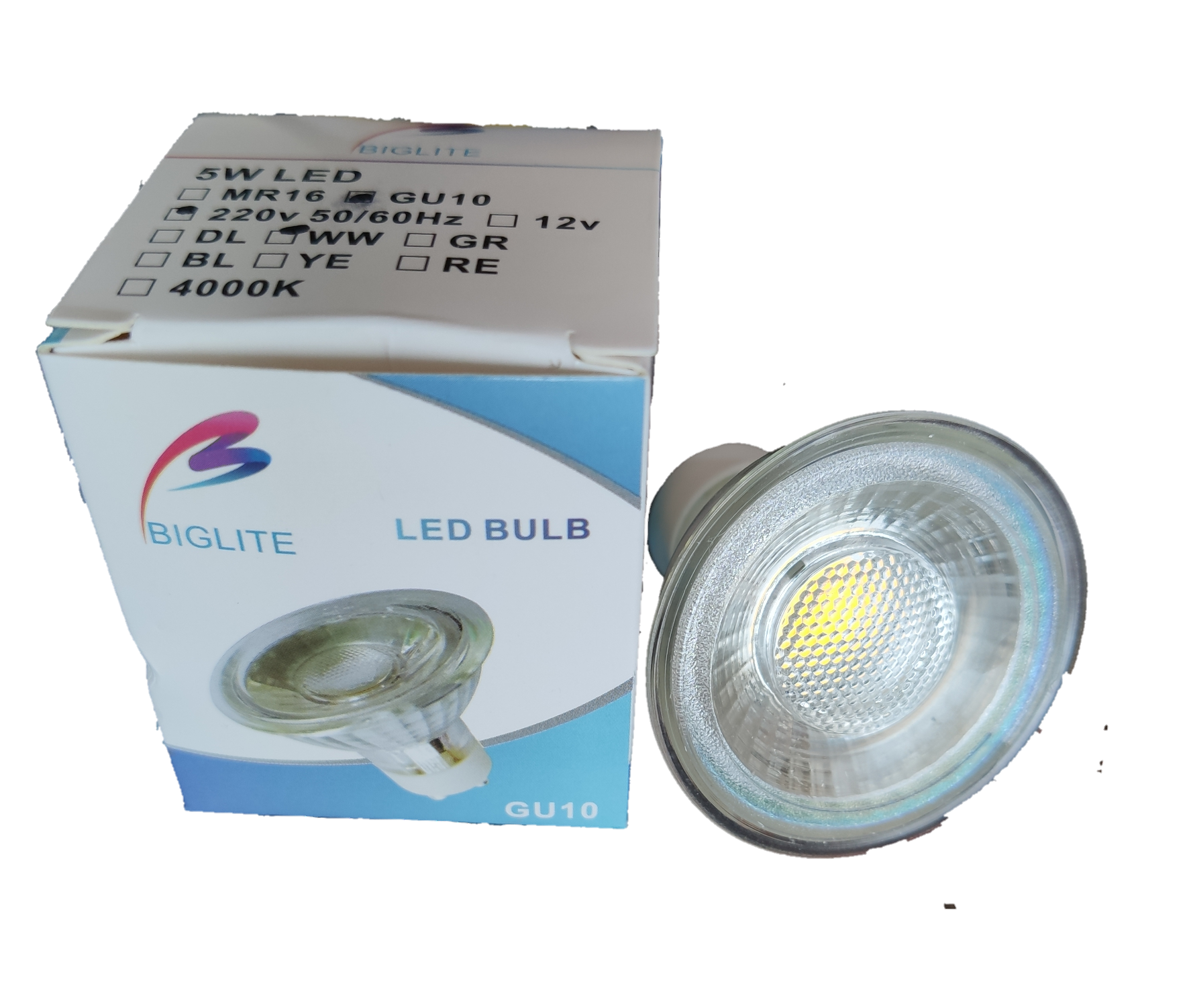 Biglite 5W GU10 LED bulb warm white next to product box showing GU10 lamp and packaging