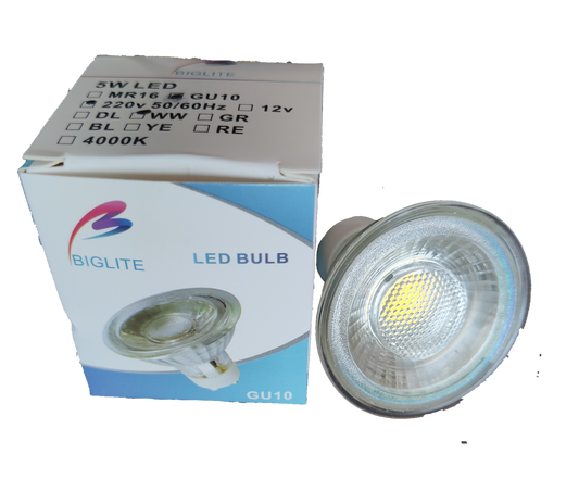 Biglite 5W GU10 LED bulb warm white next to product box showing GU10 lamp and packaging