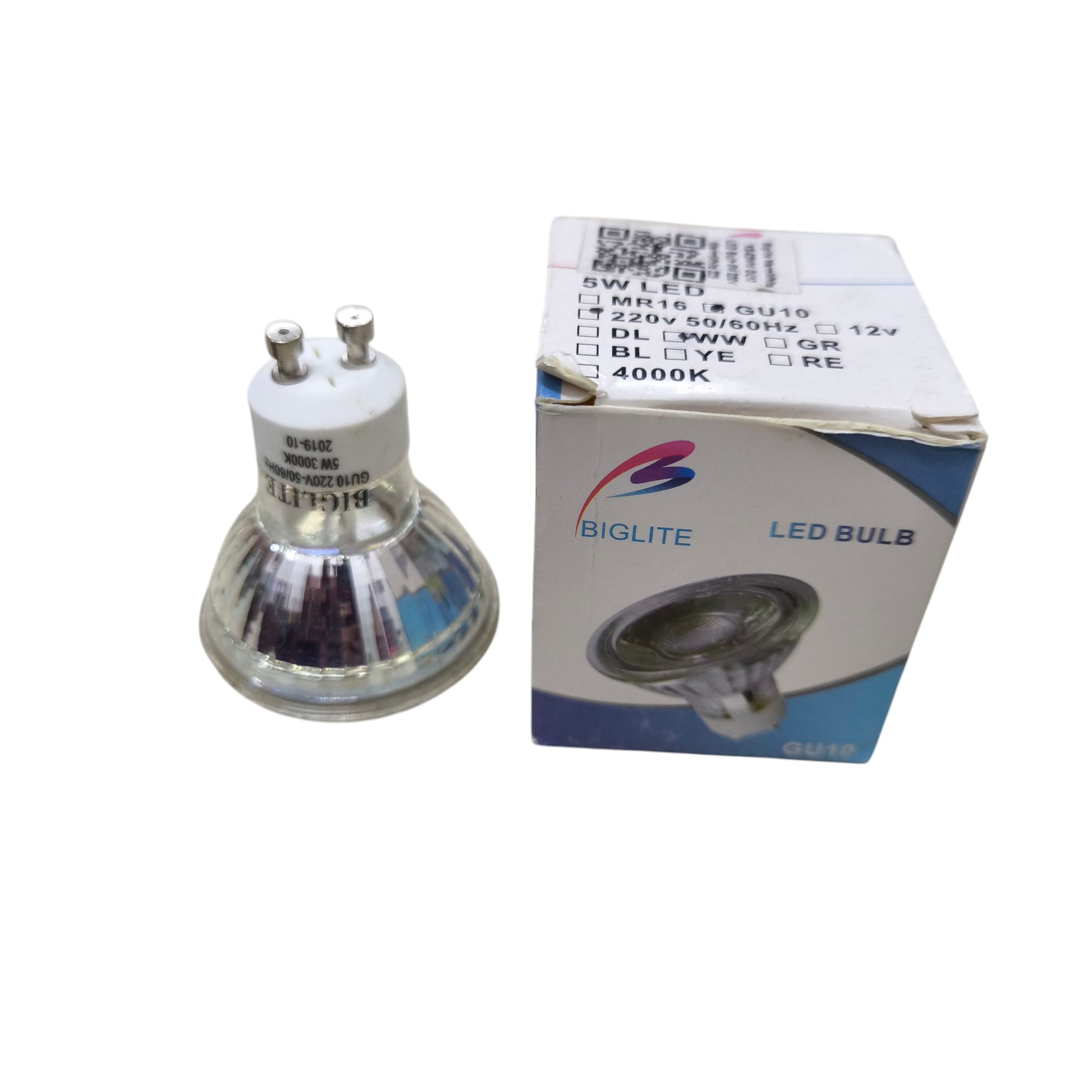 Biglite 5W GU10 LED bulb warm white next to retail box showing reflective lens and two pin GU10 base