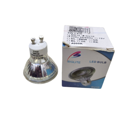 Biglite 5W GU10 LED bulb warm white next to retail box showing reflective lens and two pin GU10 base