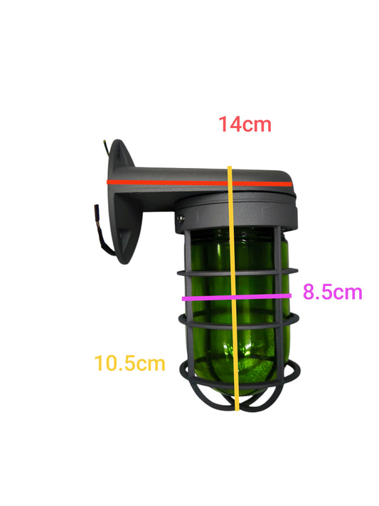 Biglite 60W outdoor vapor lamp with black metal protective cage and green glass cover, wall-mounted lighting accessory