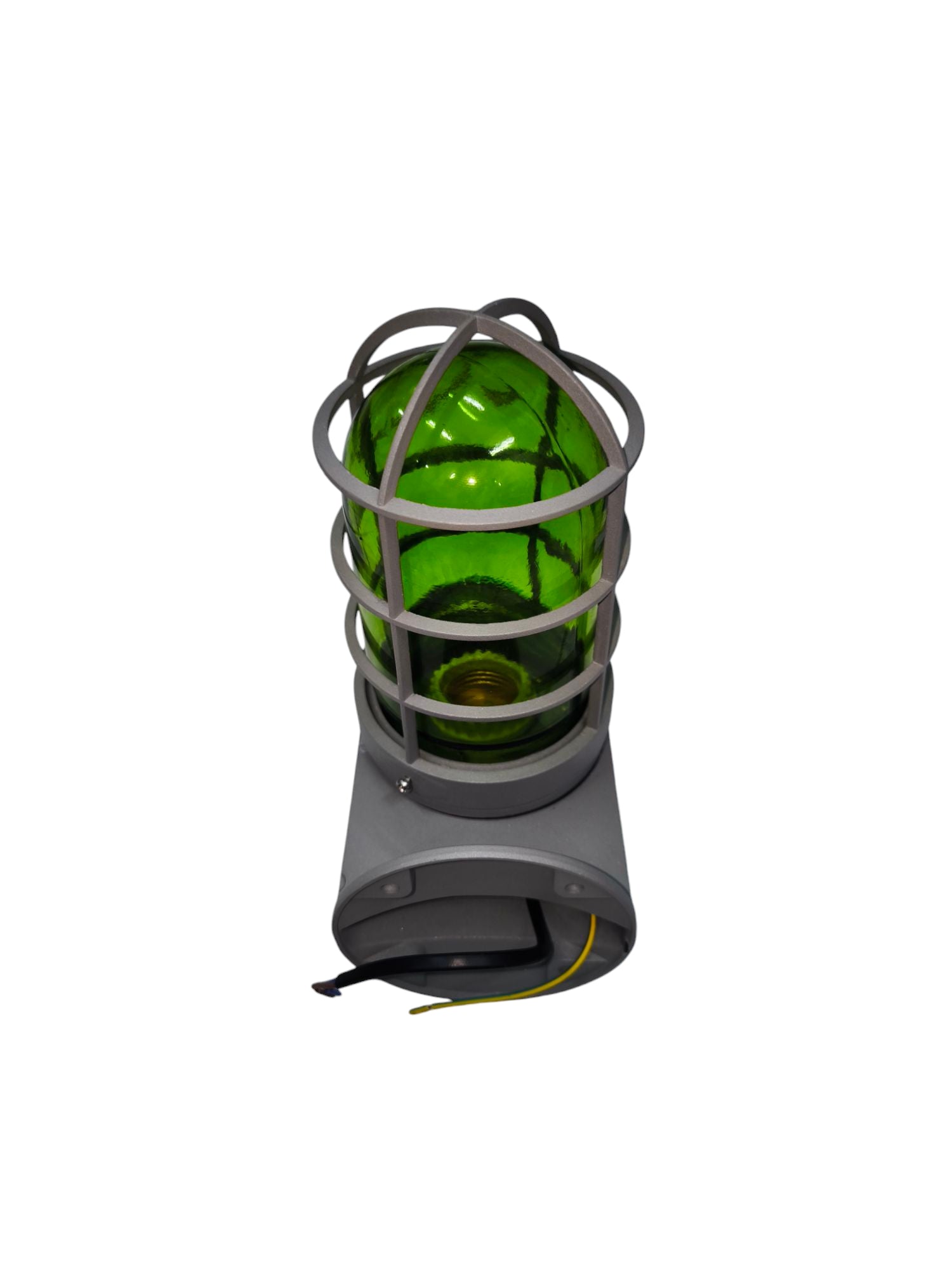 Biglite 60W outdoor vapor lamp with green glass bulb and protective metal cage for outdoor lighting