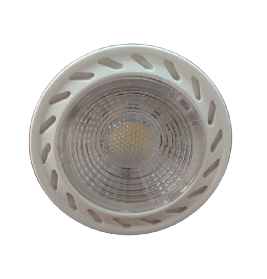 Biglite 7W MR-16 LED Bulb Daylight 6500K top down view showing white vented trim and clear lens