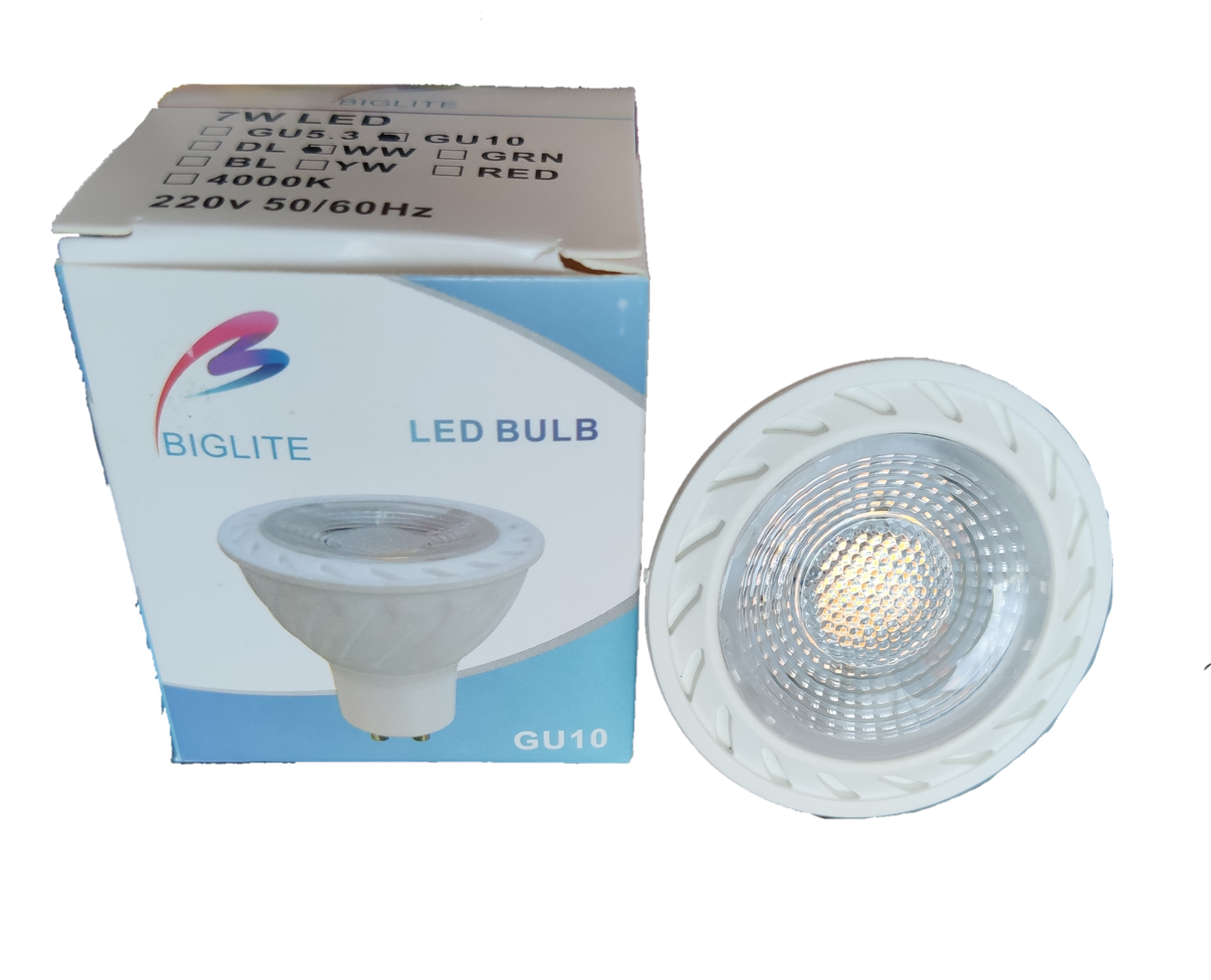 Biglite 7W MR-16 LED bulb GU10 white reflector spotlight next to its retail box showing product label