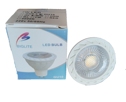 Biglite 7W MR-16 LED bulb GU10 white reflector spotlight next to its retail box showing product label