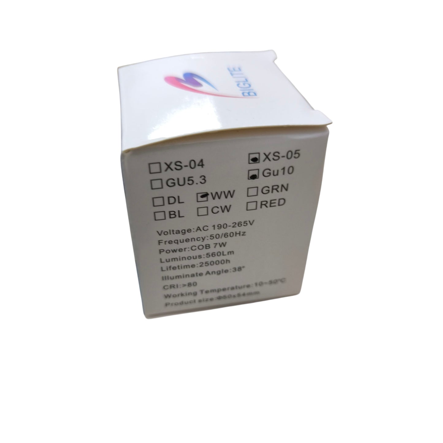 Biglite box for 7W MR-16 LED bulb GU10 showing printed specifications and GU10 base option