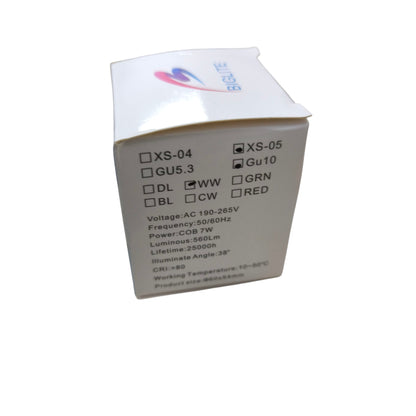 Biglite box for 7W MR-16 LED bulb GU10 showing printed specifications and GU10 base option