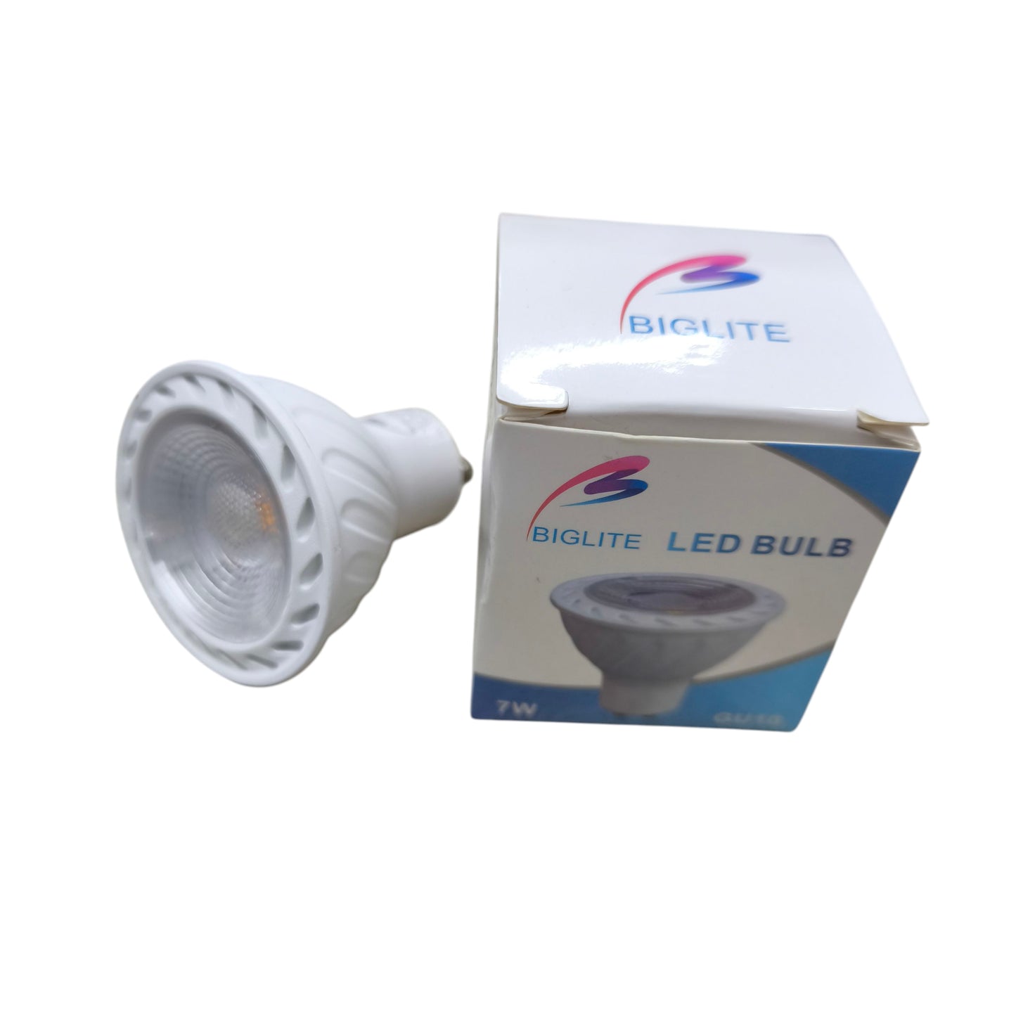 Biglite 7W MR-16 LED bulb GU10 white spotlight bulb beside branded Biglite LED bulb box packaging