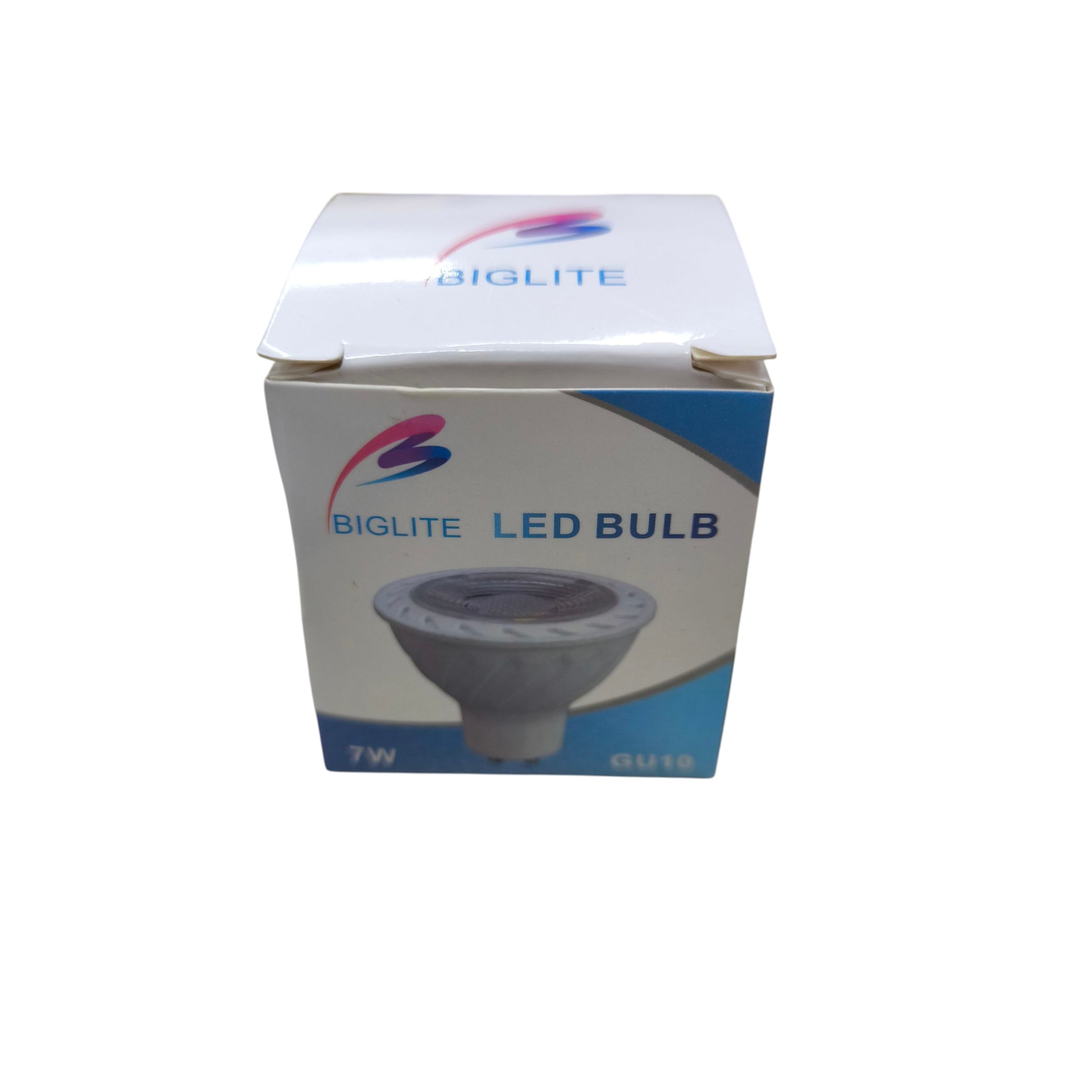 Biglite 7W MR-16 LED bulb GU10 packaged in white and blue retail box showing bulb image
