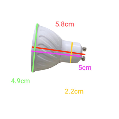 Biglite 7W MR-16 LED bulb GU10 side view showing white housing and measurement labels 5.8cm 5cm 4.9cm 2.2cm
