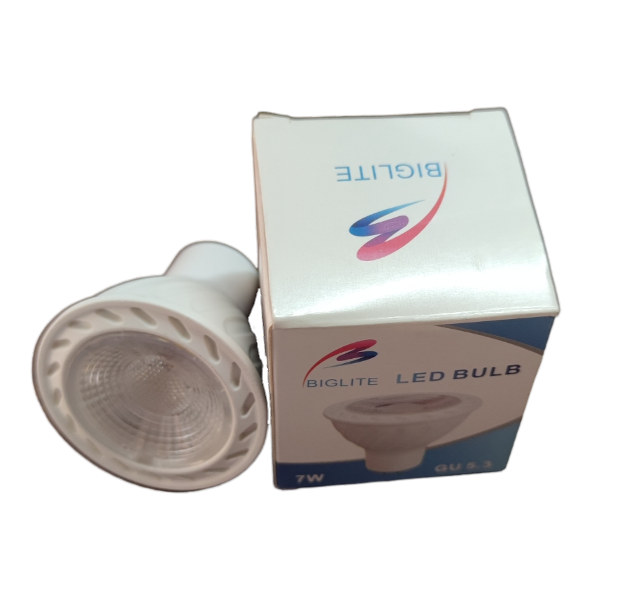 Biglite 7W MR-16 LED Bulb Warm White 3000K with reflector bulb next to branded packaging box