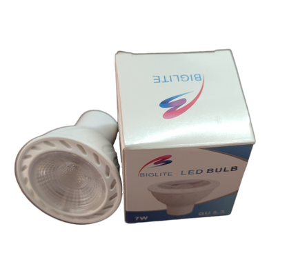 Biglite 7W MR-16 LED Bulb Warm White 3000K with reflector bulb next to branded packaging box