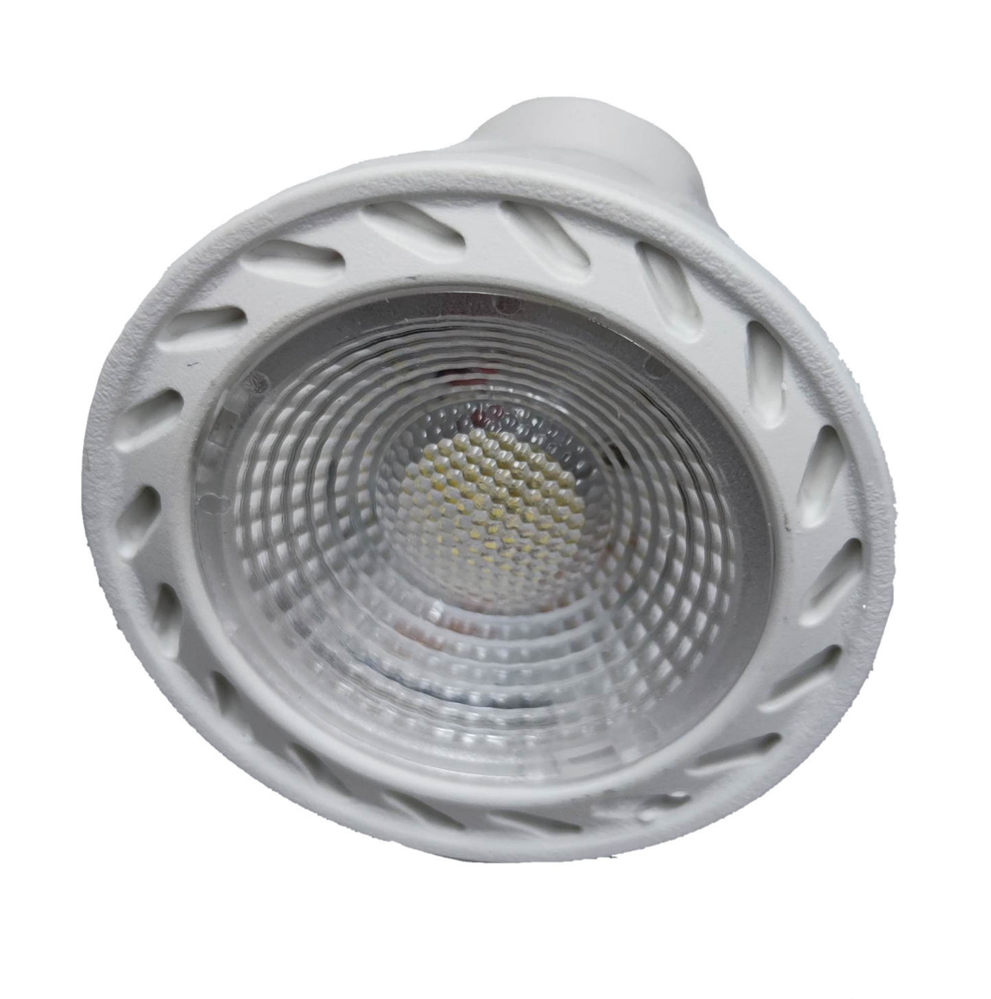 Biglite 7W MR-16 LED Bulb Warm White 3000K close up of white reflector and COB lens for spot lighting