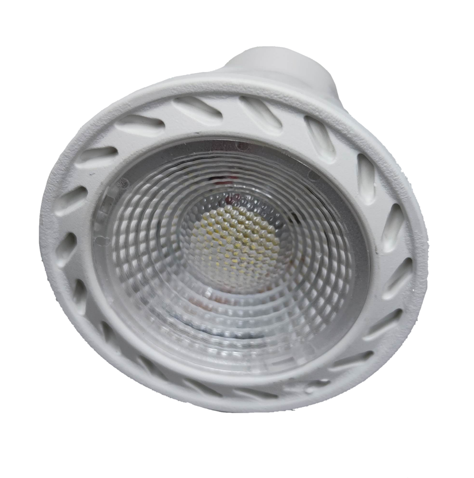 Biglite 7W MR-16 LED Bulb Warm White 3000K close up of white reflector and COB lens for spot lighting