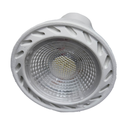 Biglite 7W MR-16 LED Bulb Warm White 3000K close up of white reflector and COB lens for spot lighting