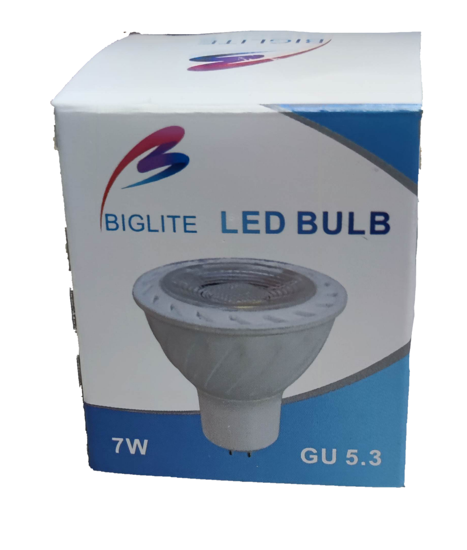 Biglite packaging showing 7W MR-16 LED Bulb Warm White 3000K retail box with bulb image and GU5 3 base