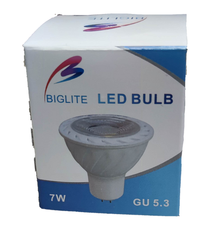 Biglite packaging showing 7W MR-16 LED Bulb Warm White 3000K retail box with bulb image and GU5 3 base