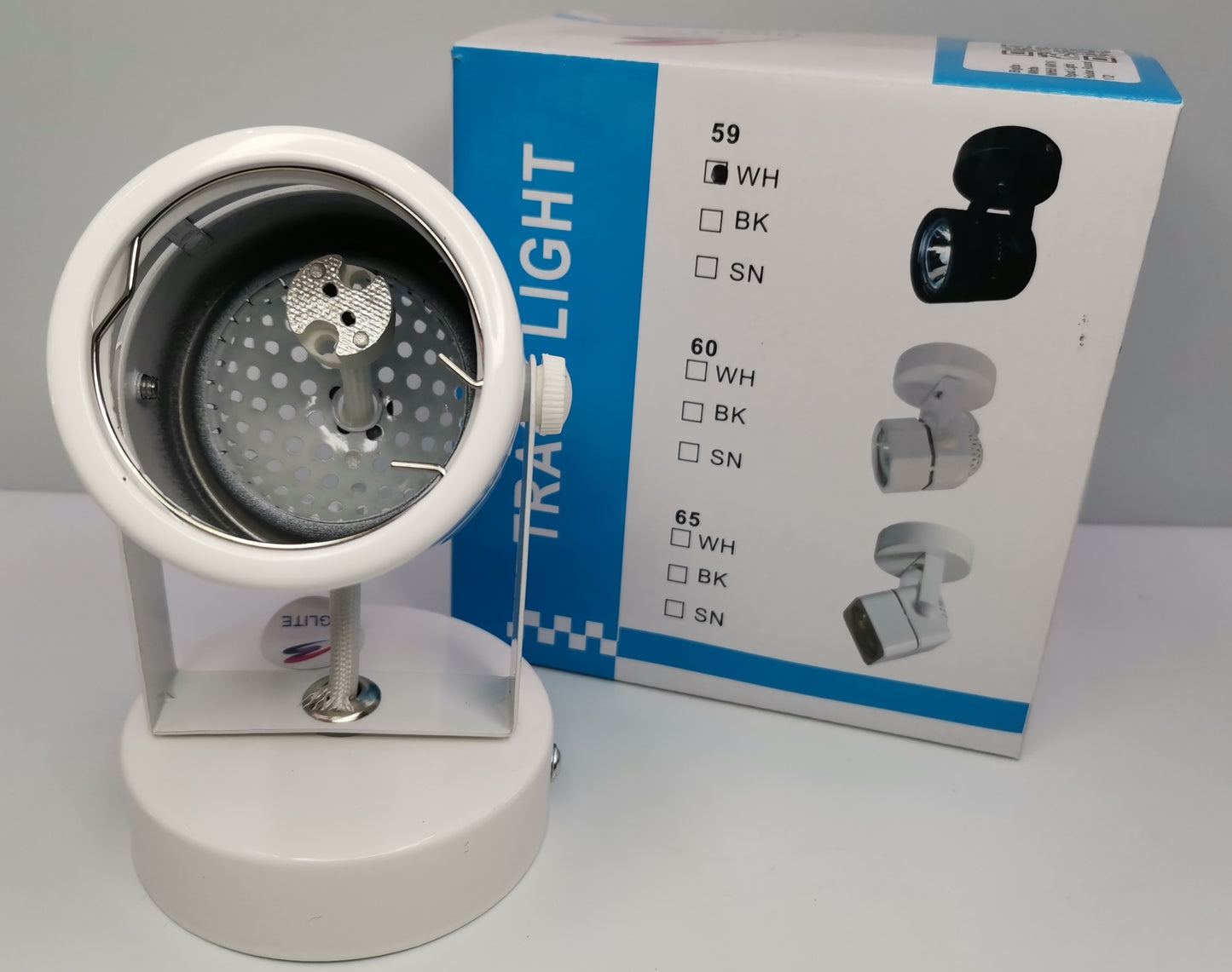 Biglite MR16 Spotlight Holder Ceiling white adjustable metal spotlight with round base shown next to box