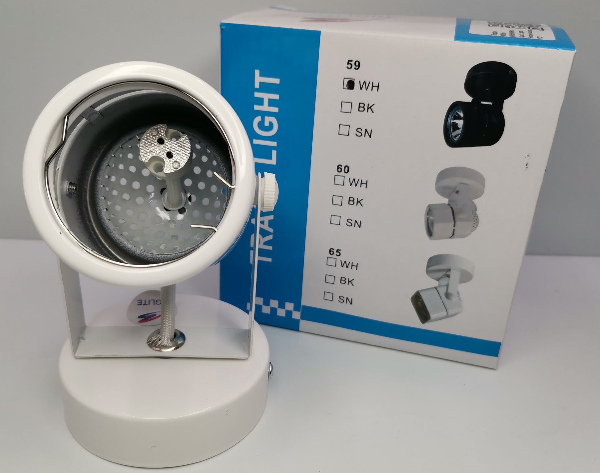 Biglite MR16 Spotlight Holder Ceiling white adjustable metal spotlight with round base shown next to box