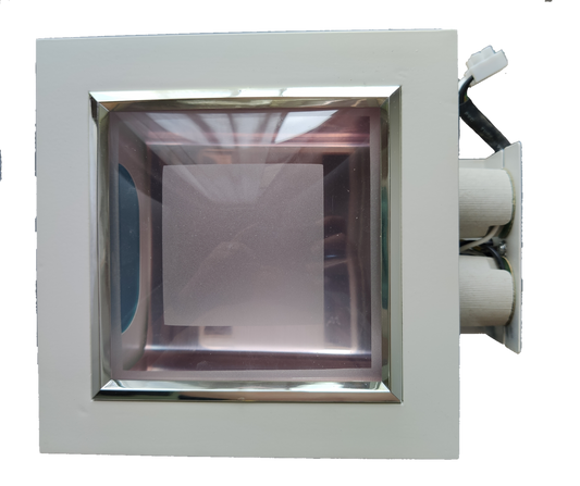 Biglite Glass Cover Downlight Fixture white square recessed light with chrome trim and pink tinted glass cover