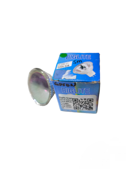 Biglite Colored Halogen Bulb MR16 220V Green displayed with reflective MR16 lamp next to blue Biglite retail box
