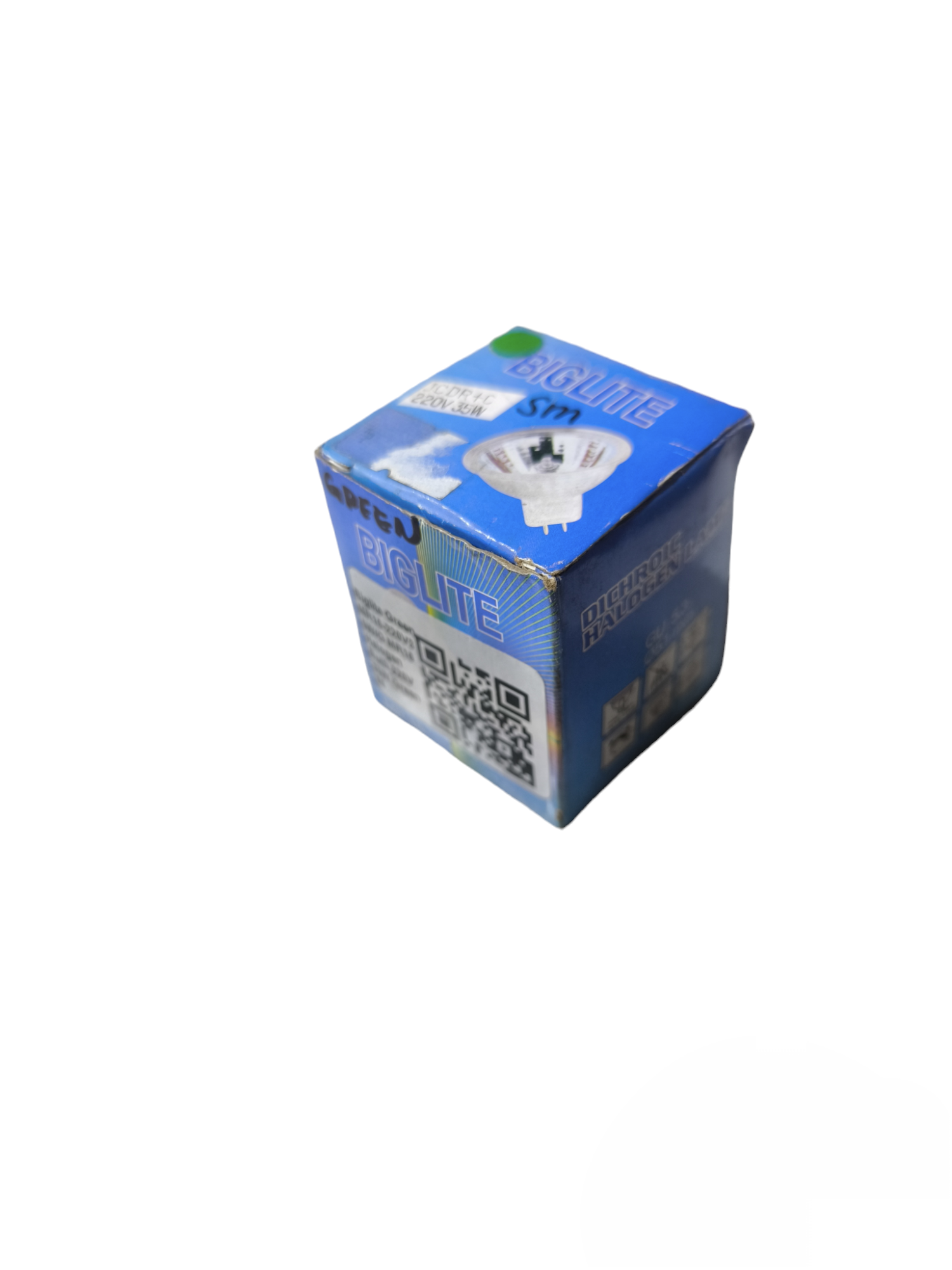 Biglite packaged Colored Halogen Bulb MR16 220V Green in blue retail box showing bulb image and QR code