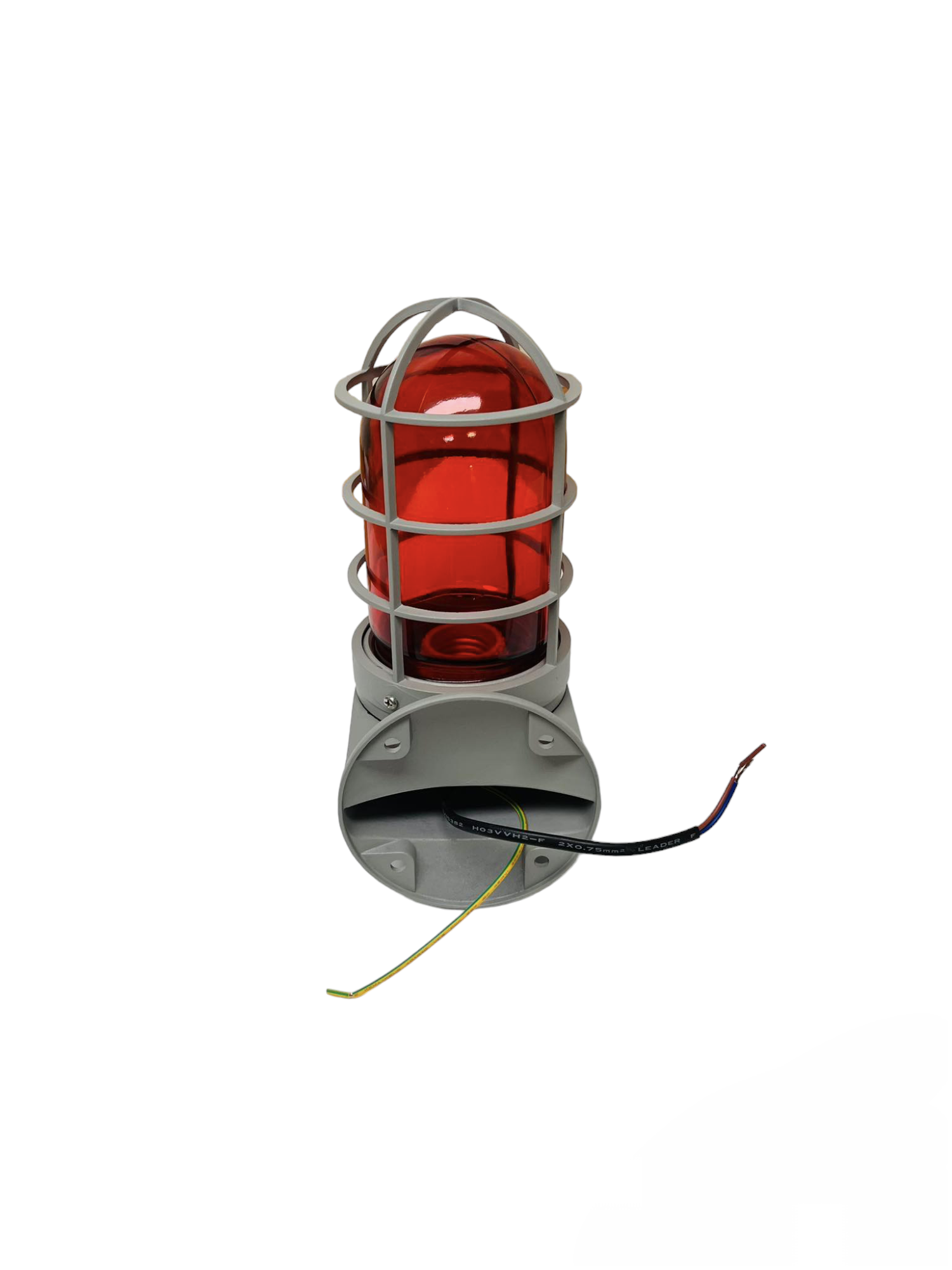 Biglite industrial vapor lamp fixture with red protective cage and exposed wiring for lighting installation