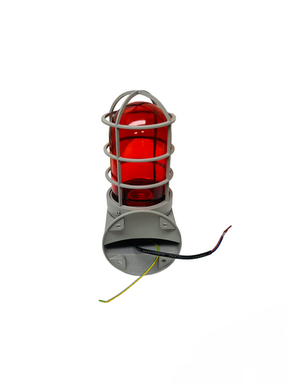 Biglite industrial vapor lamp fixture with red protective cage and exposed wiring for lighting installation