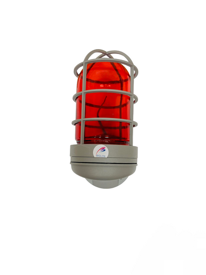 Biglite industrial vapor lamp fixture with red protective cage for durable lighting installation