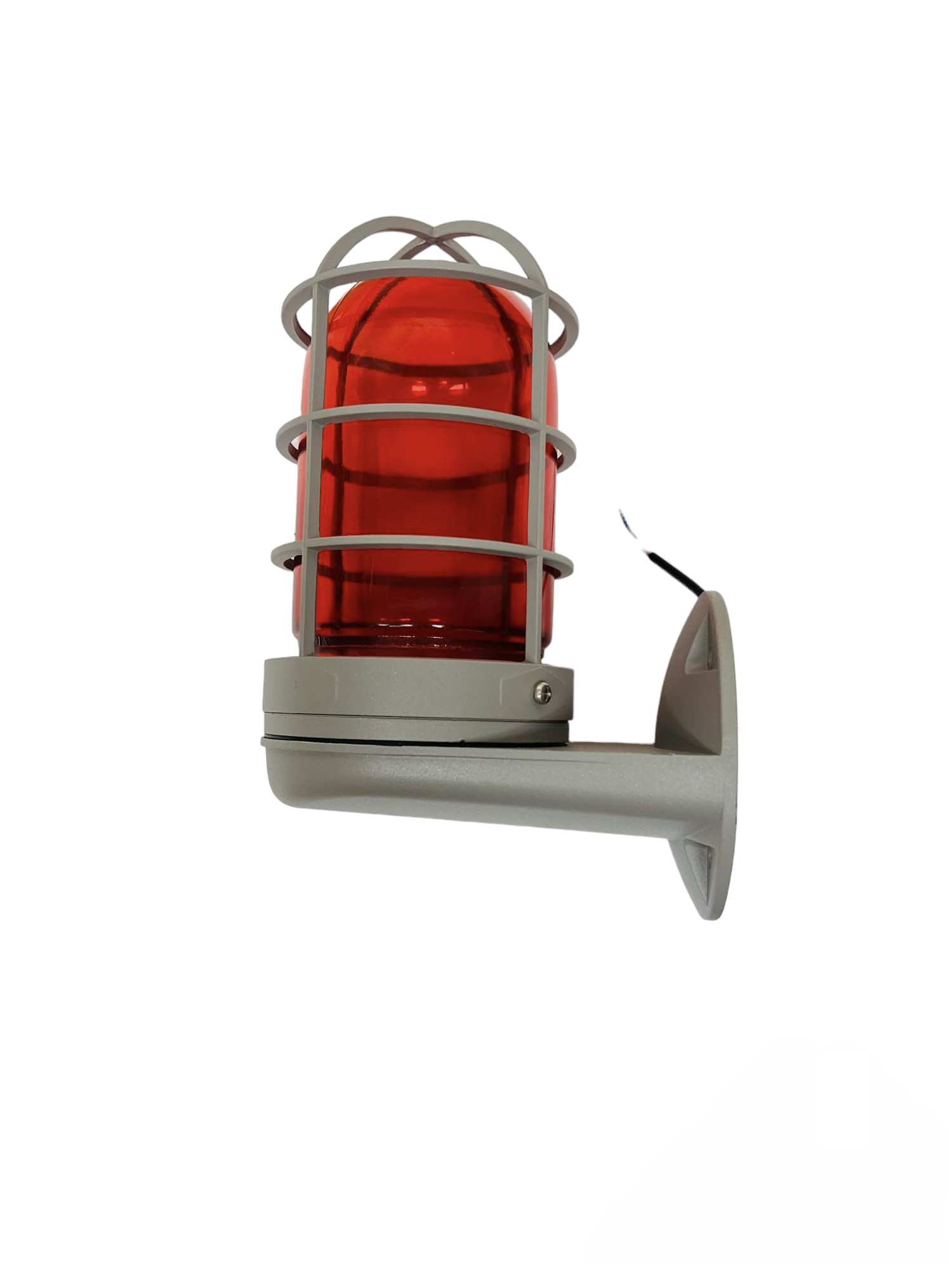 Biglite industrial vapor lamp fixture with red protective cage and gray mounting bracket