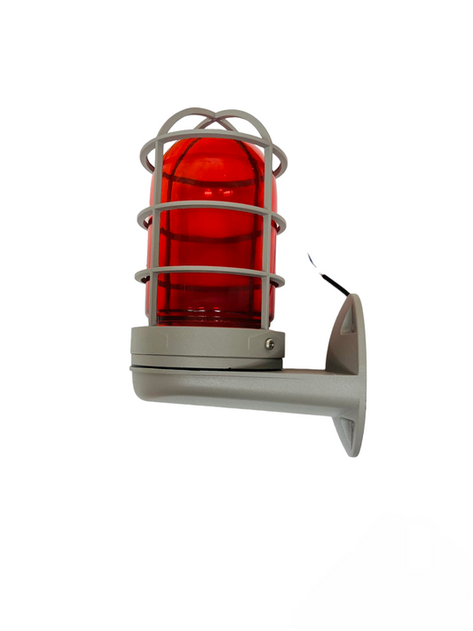 Biglite industrial vapor lamp fixture with red protective cage and gray mounting bracket
