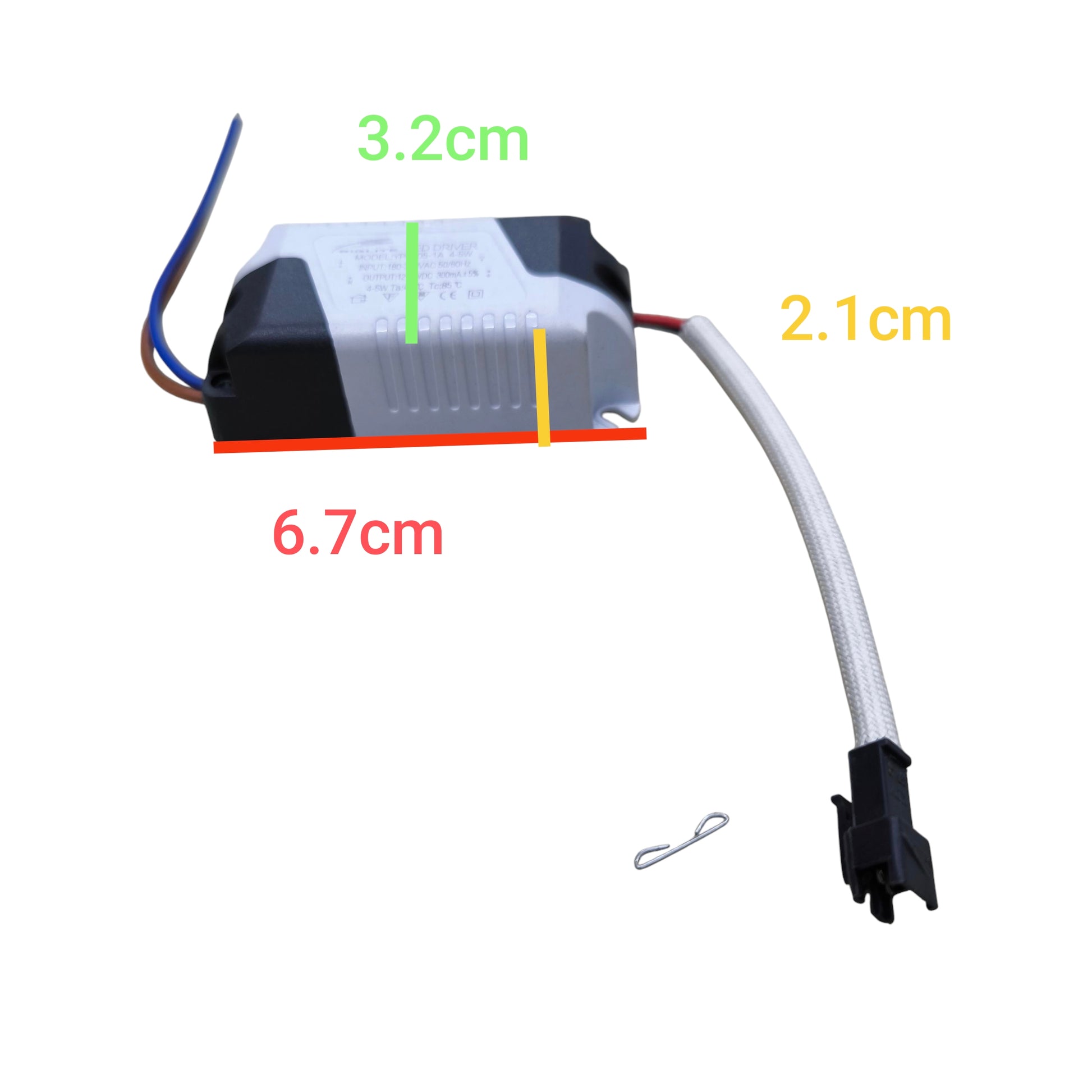 Biglite LED Driver 4-5W Input 100-220V compact white power supply with blue brown wires braided cable connector and size markings