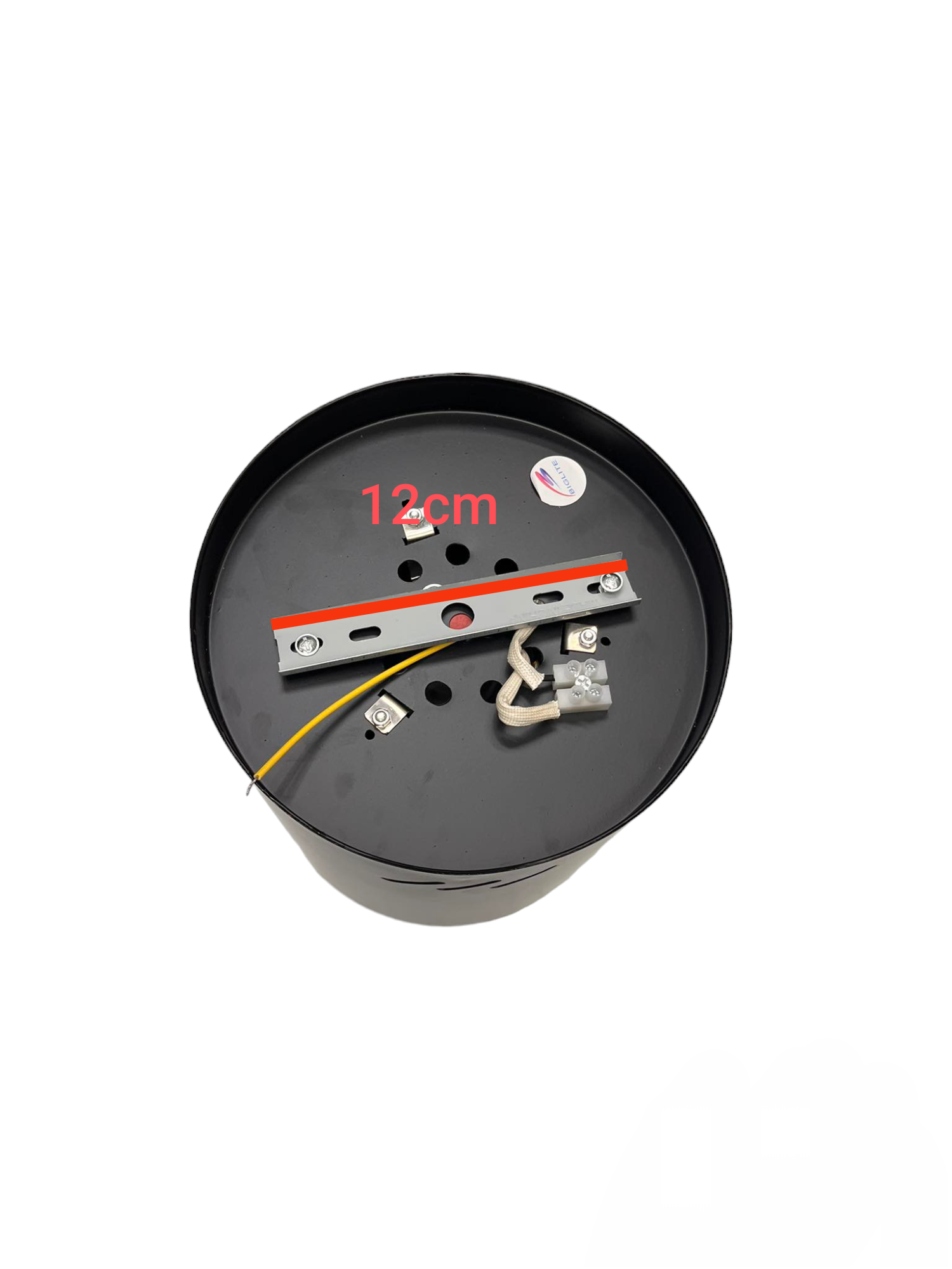 Biglite 6 inch surface mount downlight black base with wiring and mounting bracket visible