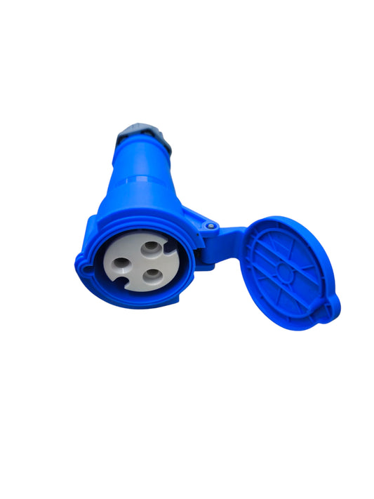 Grippes blue 32A industrial outlet connector with protective cap for electrical circuitry